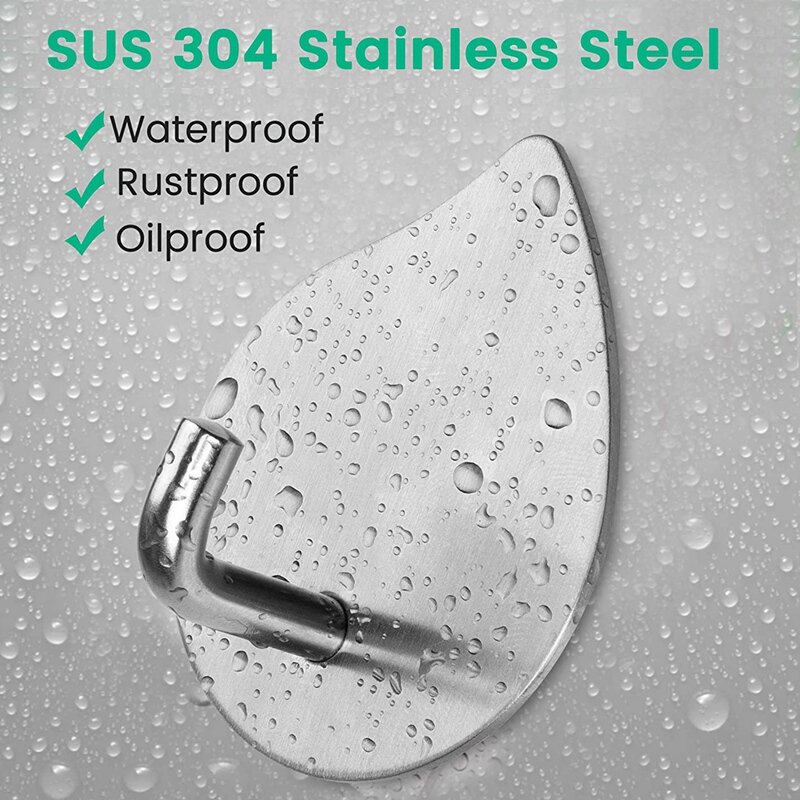 Adhesive Hooks Wall Hooks Bathroom Waterproof Stainless Steel Towels Hooks,For Coat Hat Robe,Waterdrop(Silver,6 Packs)