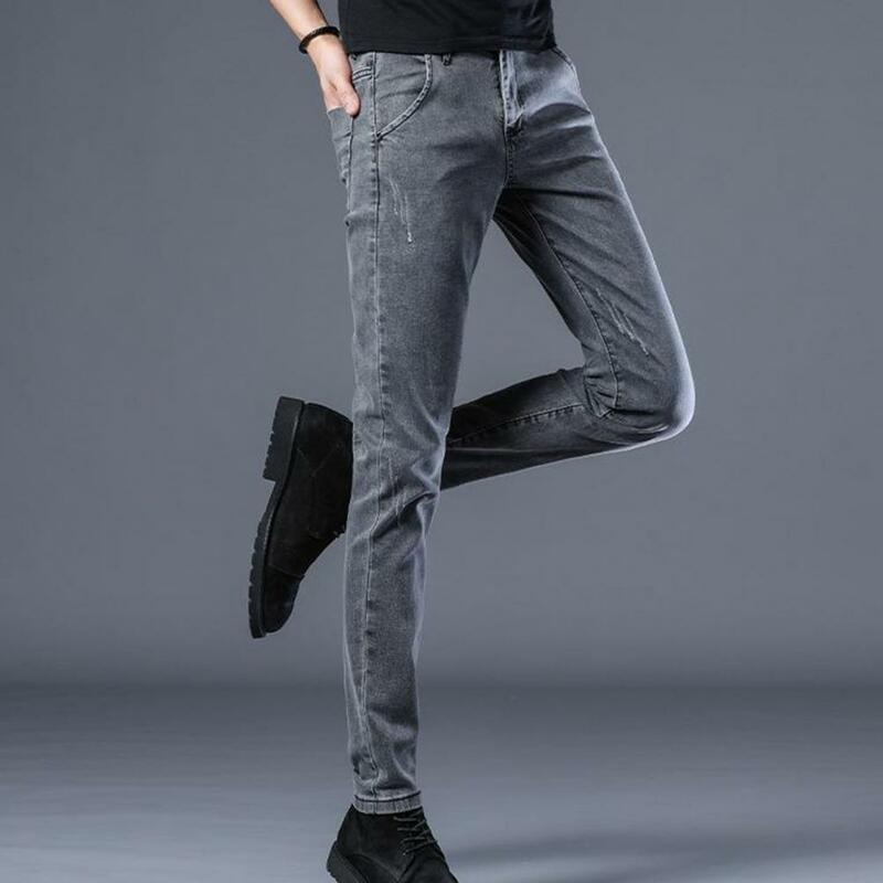 Calça slim fit masculina com bolsos, calça elástica alta, comprimento do tornozelo, calças elegantes, estilo coreano, roupa diária, trajeto