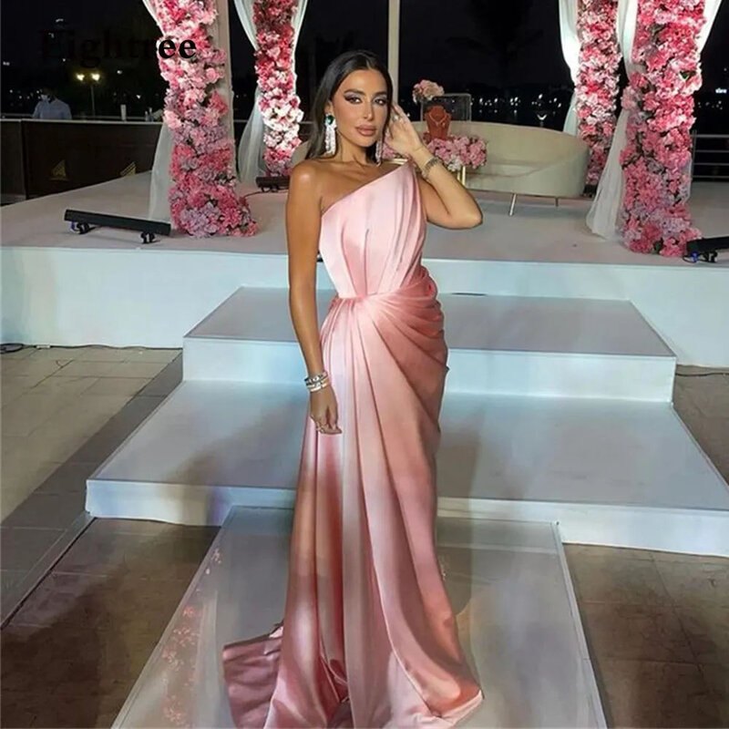 Luxury Satin Pink Women Slit Evening Dresses Beautiful Off Shoulder Sleeveless Fascinating Sexy Backless Mopping New Long Skirt