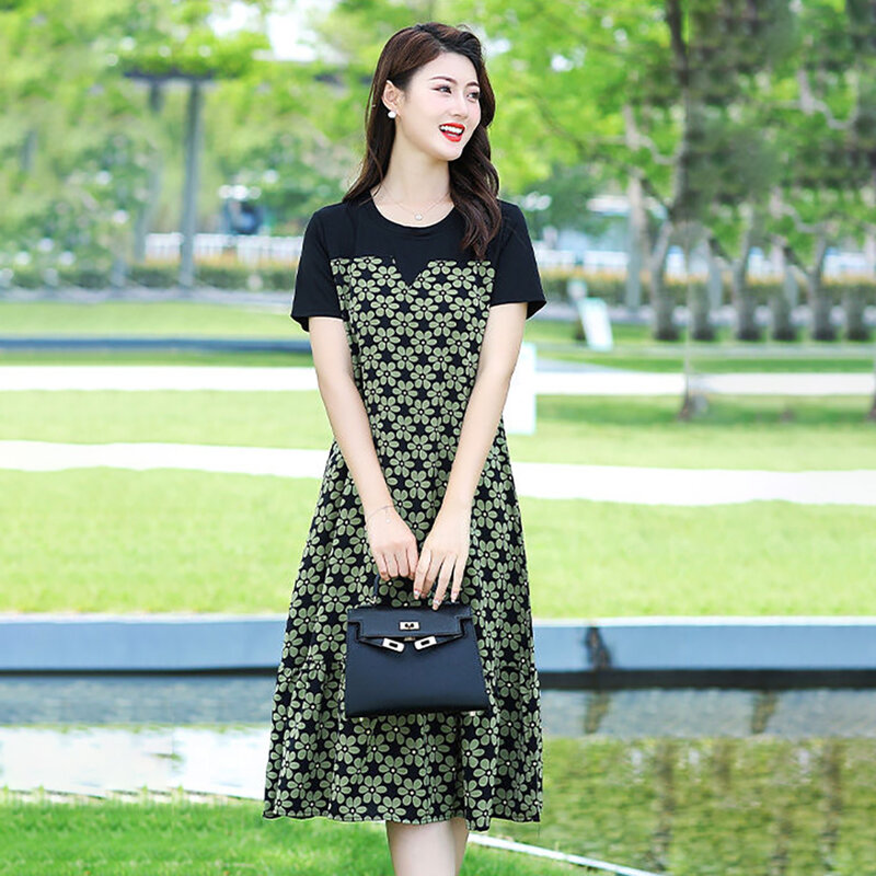 Abbigliamento donna coreana 2024 estate temperamento confortevole gonna sottile allentata lunga moda stampa cuciture abito Casual femminile.