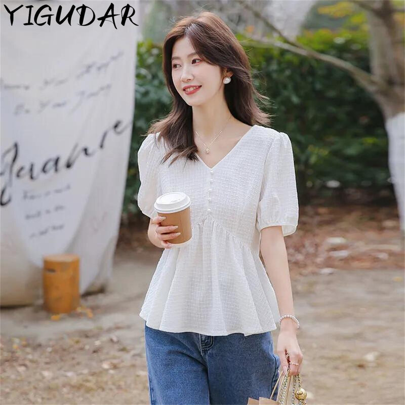 New Retro Pullover White short Sleeve Solid Color Shirt Women's Simple white Tops and Blouse Women Spliced Chiffon Elegant