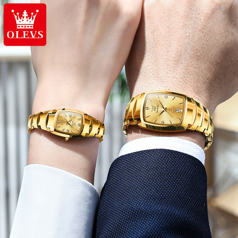 OLEVS coppia orologi orologio da polso originale in oro di lusso impermeabile in acciaio al tungsteno data His and Her Watch Set regalo di anniversario