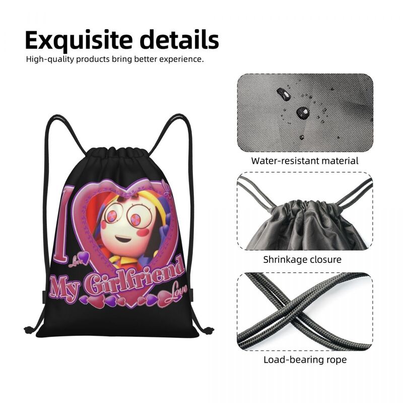 Удивительный цирковый рюкзак Pomni с цифровой печатью, рюкзак на шнурке, спортивный рюкзак, рюкзак для спортзала, Мультяшные рюкзаки на шнурках для упражнений
