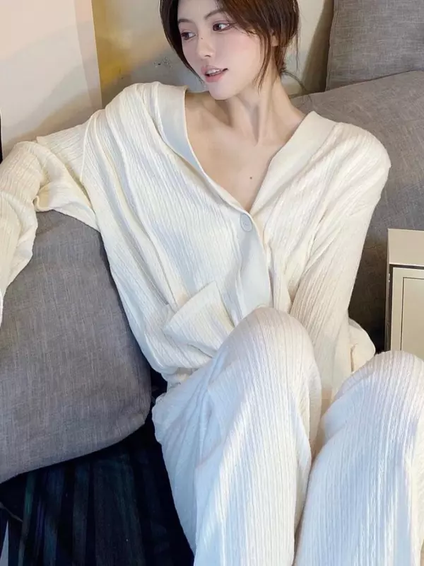 Модный простой женский пижамный комплект с длинными рукавами на весну и осень модели нового французского старшего чувства домашней одежды одежда для сна