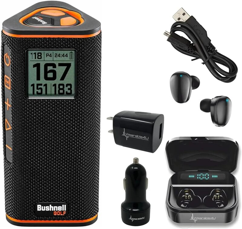 Wingman View Golf GPS Bluetooth Speaker with Wearable4U Ultimate Black Earbuds and Wall and Car Chargers Bundle