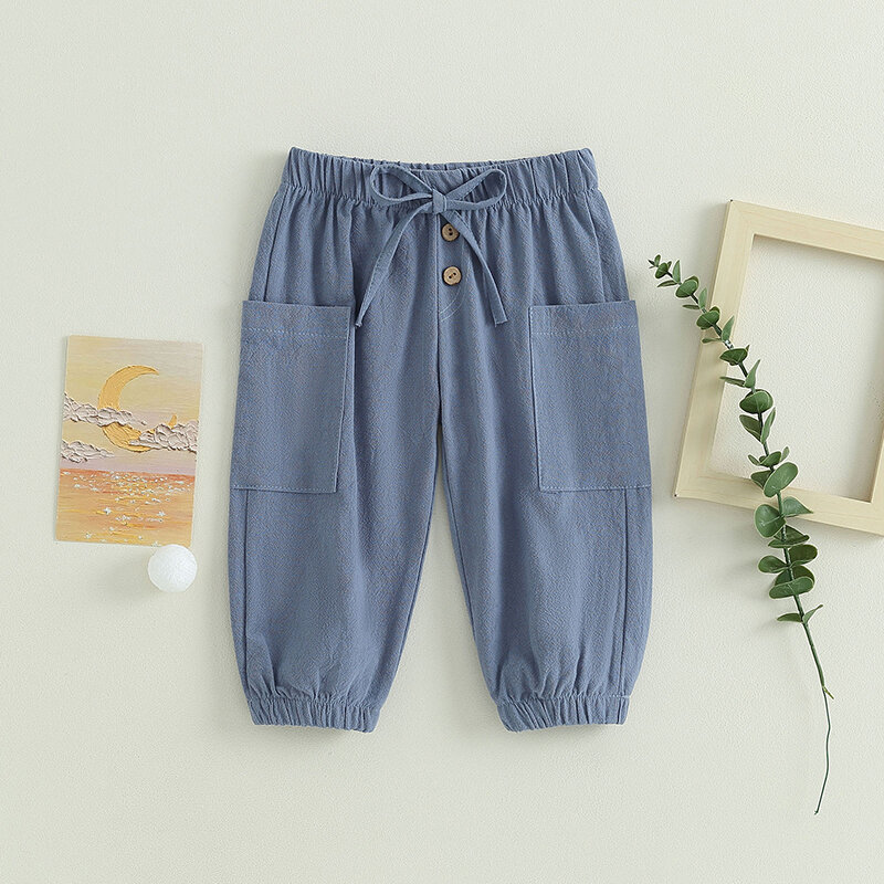 Cotton Linen Casual Baby Pants Toddler Boys Girls Casual Bottom Summer Autumn Solid Drawstring Button Children Pockets Trousers
