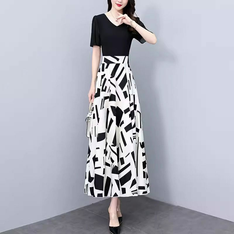 New Printed Chiffon Dress 2024 Fashion Slim Waist Short Sleeve Summer Long Dress Korean Style Large Size Women Clothing K857