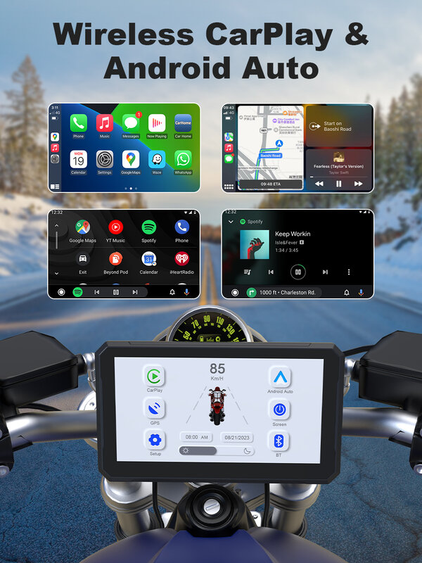 Portabel 7 inci sepeda motor navigasi GPS nirkabel Apple Carplay Android Auto IPX7Waterproof sepeda motor BT tampilan layar sentuh