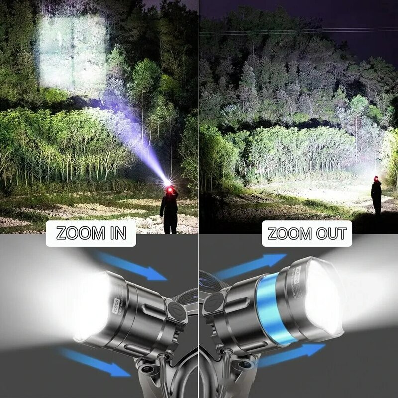 Super brilhante farol LED com grânulos de lâmpada, xhp90, farol impermeável, power display, adequado para a exploração, caça, pesca