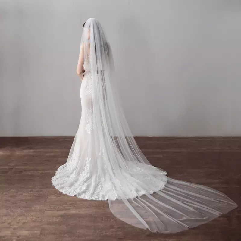 Branco marfim longo catedral véu cru corte borda véu de casamento duas camadas véu nupcial com pente acessórios casamento applique