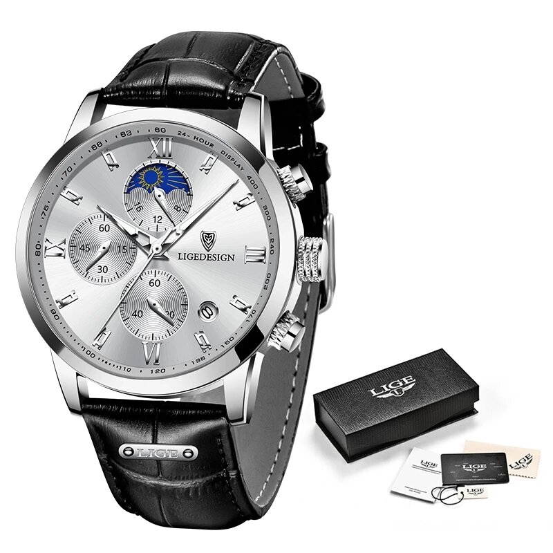 LIGE-Montre à quartz chronographe en cuir pour homme, montres étanches pour homme, horloge de sport décontractée, marque supérieure, luxe, boîte