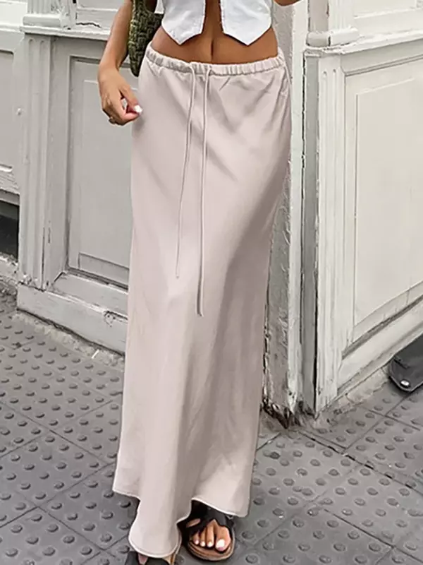 Юбка-макси атласная трапециевидная женская, однотонная модная длинная свободная юбка-бандаж, повседневная одежда, лето 2024