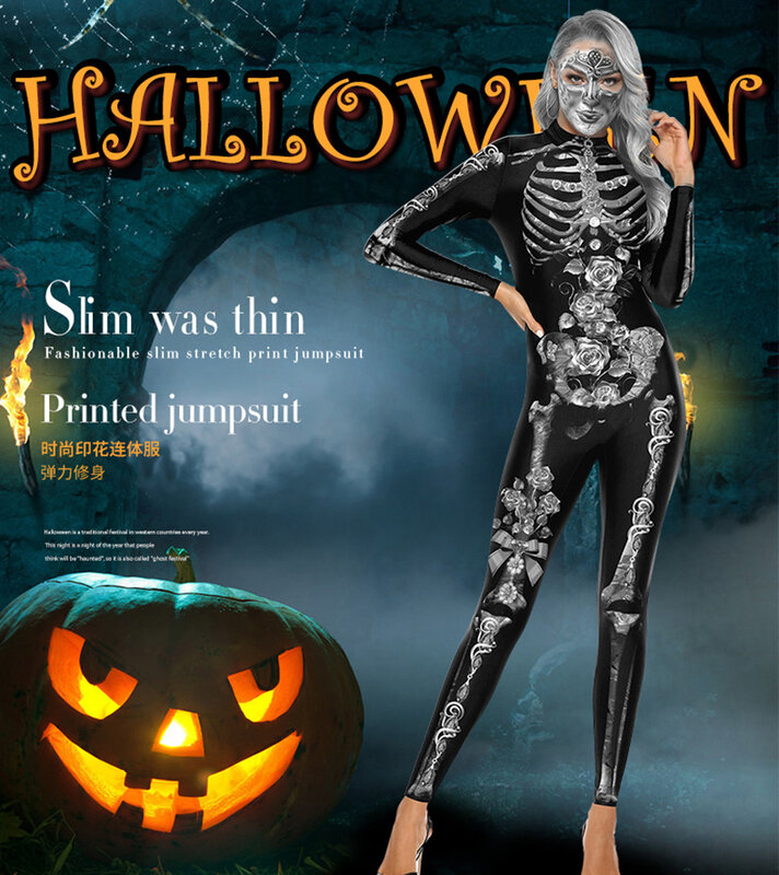 Halloween Esqueleto Estampado Cosplay para Mulheres, Macacão Fantasma, Festa de Carnaval, Performance, Bodysuit Assustador, Adulto