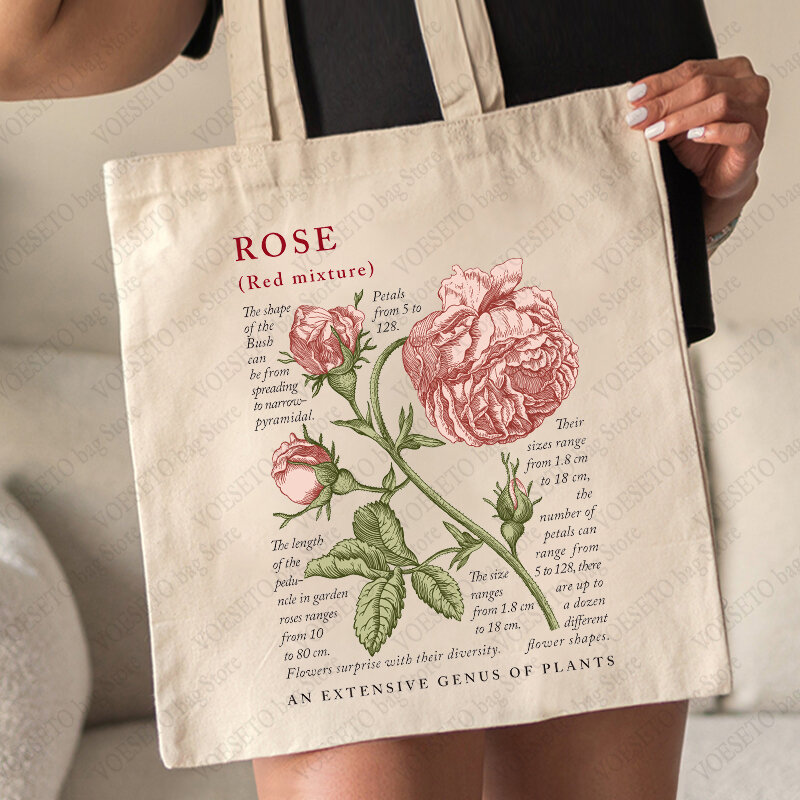 Rose Floral Tote Bag Cute Botanical Print Canvas Totes Flowers Reusable Shoulder Bags Back To School Gift Canvas Shopping Bags