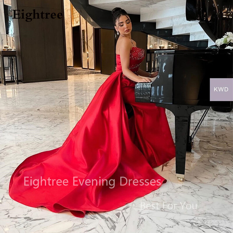 Eightree Shiny Red Beading Satin Evening Dresses Strapless Dubai  Prom Gowns Saudi Arabic Women Wedding Party Dress vestidos