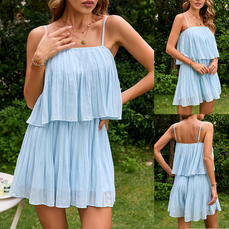 Women\\\'s Strappy Summer Dress A line Mini Design Two tier Ruffled Baggy Cut Chiffon Material Perfect for Beach Holidays