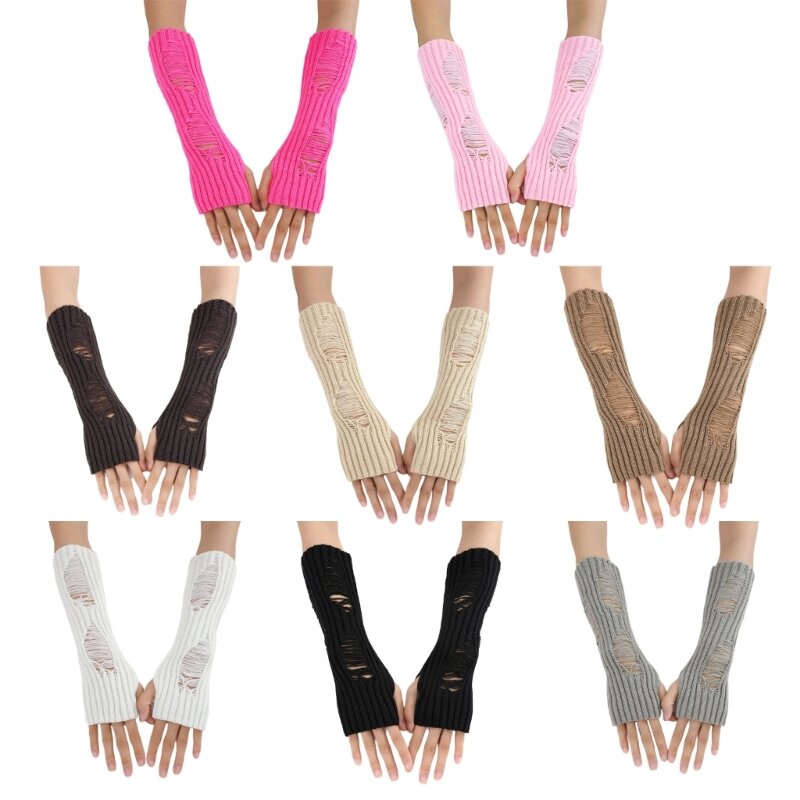 Теплые зимние перчатки, вязаные варежки с рваными отверстиями и половиной пальцев для взрослых подростков