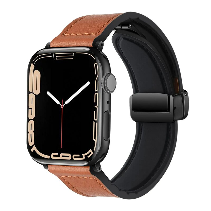 Correa magnética para Apple watch, banda de 44mm, 40mm, 45mm, 41mm, cuero genuino + pulsera de silicona para iWatch series 9 8 7 6 se ultra 2 49mm