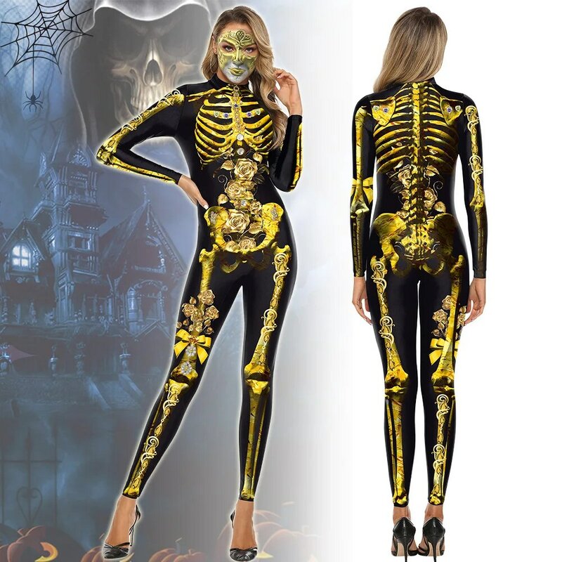 Halloween 3D Print Scary Skeleton Costume Jumpsuit Costumes for Women Performance Skull Bone Elastic Bodysuit