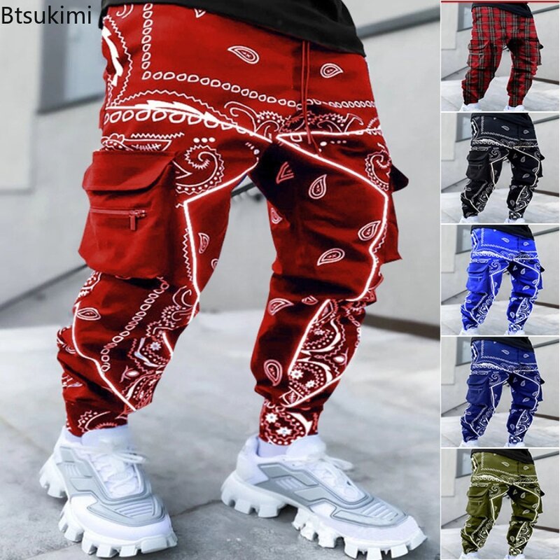 New Men's Cargo Pants Trend Printed Loose Hip Hop Fashion Street Wear Big Pocket Overalls Men Bright Color Four Seasons Trousers