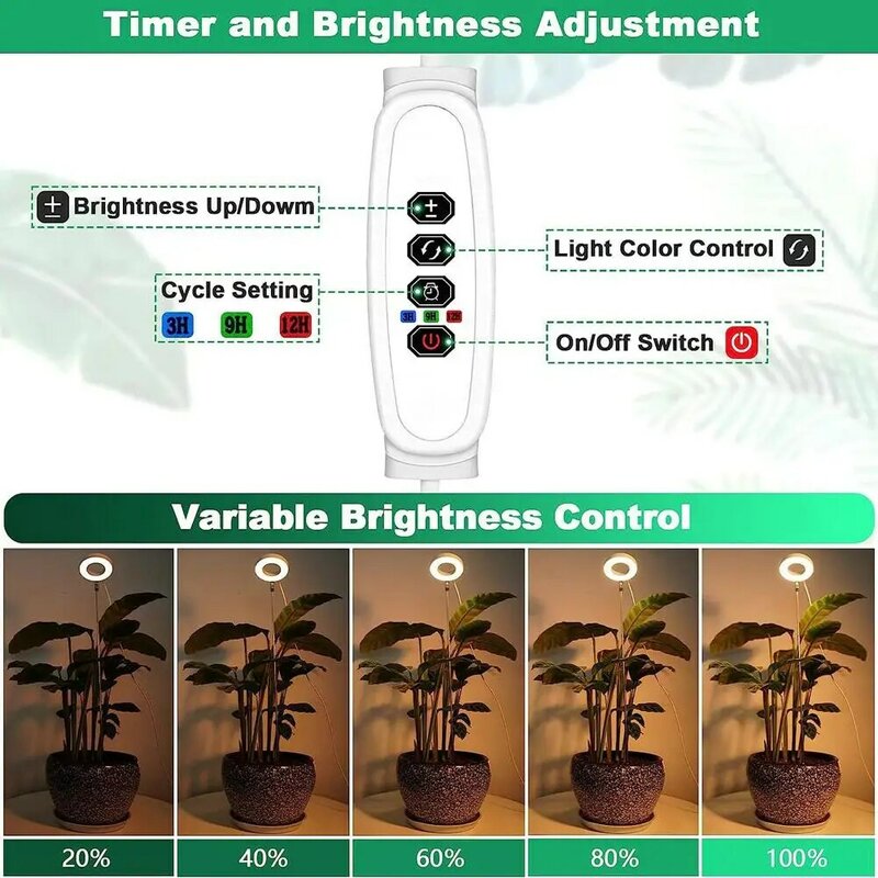 Luz Planta de Espectro Completo com Temporizador, Lâmpada de Crescimento Vegetal, 5 Brilho Ajustável, Ligado e Desligado, 72 LEDs, 3 H, 9 H, 12H, Promover o Crescimento Vegetal