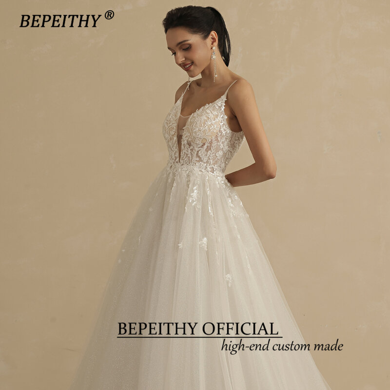 BEPEITHY-딥 브이넥 스파게티 스트랩 A 라인 레이스 웨딩 드레스 여성용, 2022 반짝이는 민소매 보헤미안 신부 파티 가운