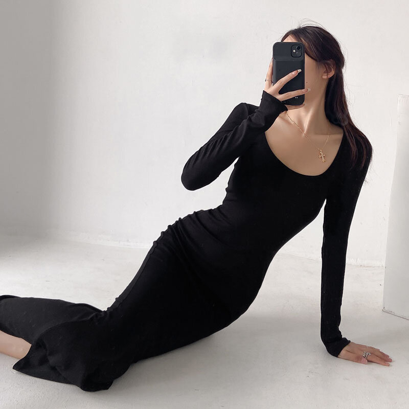 Đầm Sexy Tay Dài Nữ Slim Ôm Body Hàn Quốc Thanh Lịch Mùa Thu Mùa Xuân Cổ Chữ U Dài Người Phụ Nữ Váy Đuôi Cá Vestidos de Mujer