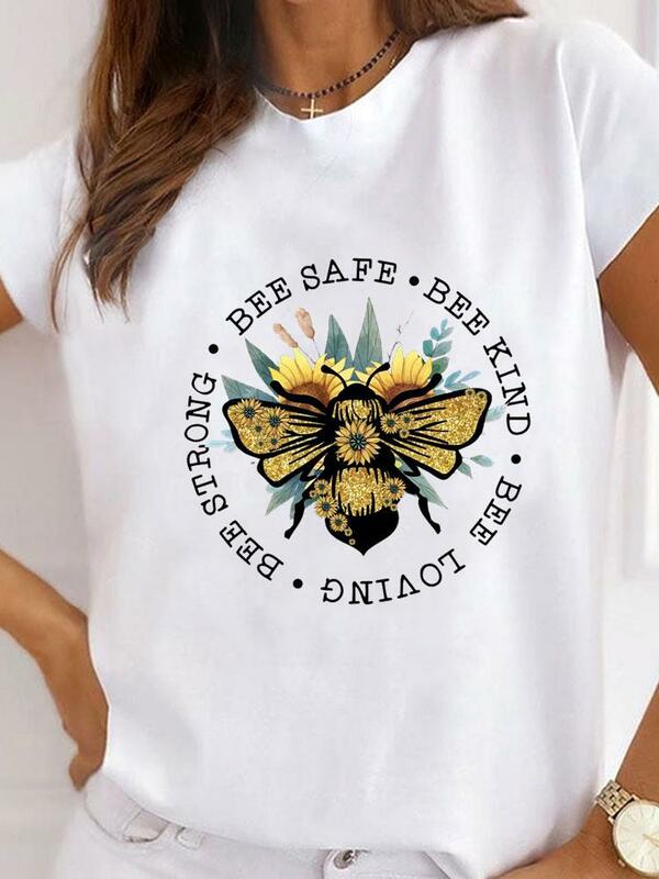 Kobiety ubrania pszczoła Trend piękny styl odzież druku T Shirt z krótkim rękawem letni Top Tee odzież Basic graficzny T-shirt