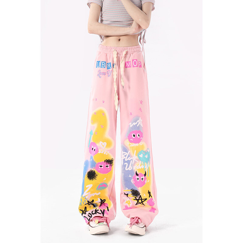 Pantalones informales de grafiti rosa para mujer, pantalones pequeños de dopamina, cintura alta, pierna ancha, ropa de tubo recto, Verano