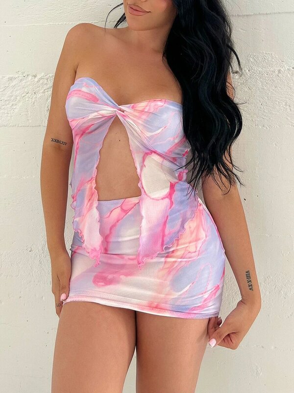 Women s Y2K Floral Print 2 Piece Skirt Set - Strapless Twist Knot Slit Tube Top and Mini Skirt - Sexy Bodycon Outfit for Going