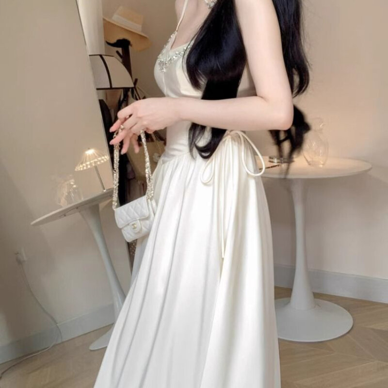HOUZHOU gaun pesta malam elegan untuk wanita, gaun Bodycone tanpa lengan panjang warna putih, Gaun Vintage Midi gaya Korea untuk wanita