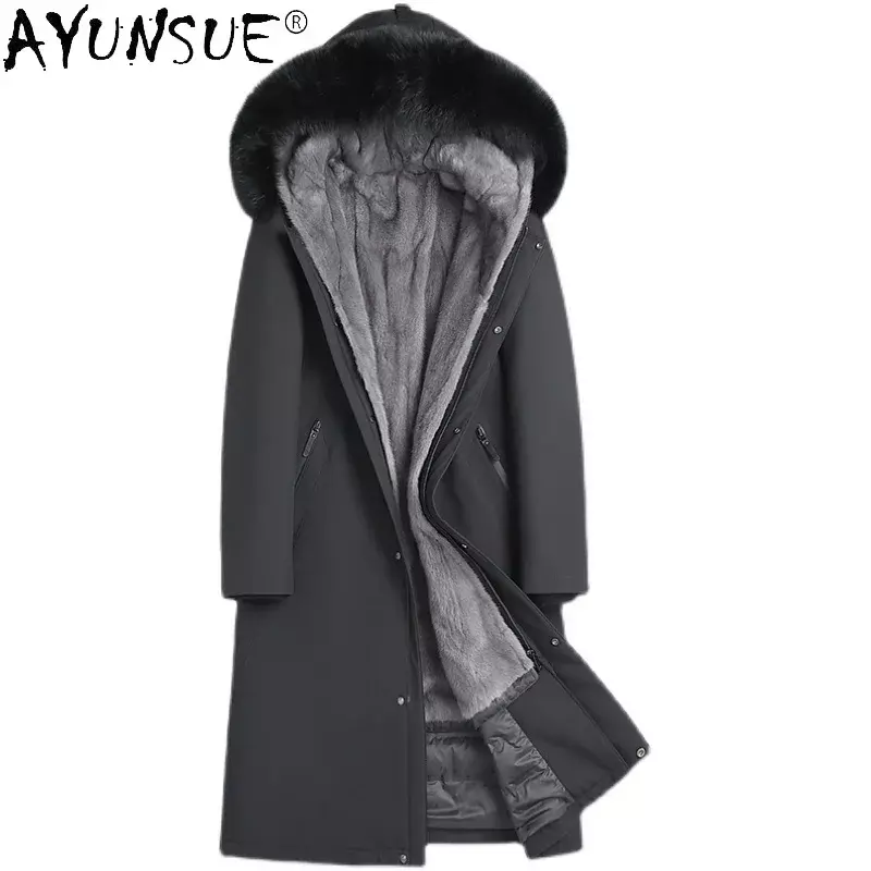 AYUNSUE-Parka de pele real high-end masculina, casaco de forro de vison destacável, gola de pele de raposa com capuz, jaquetas compridas, inverno