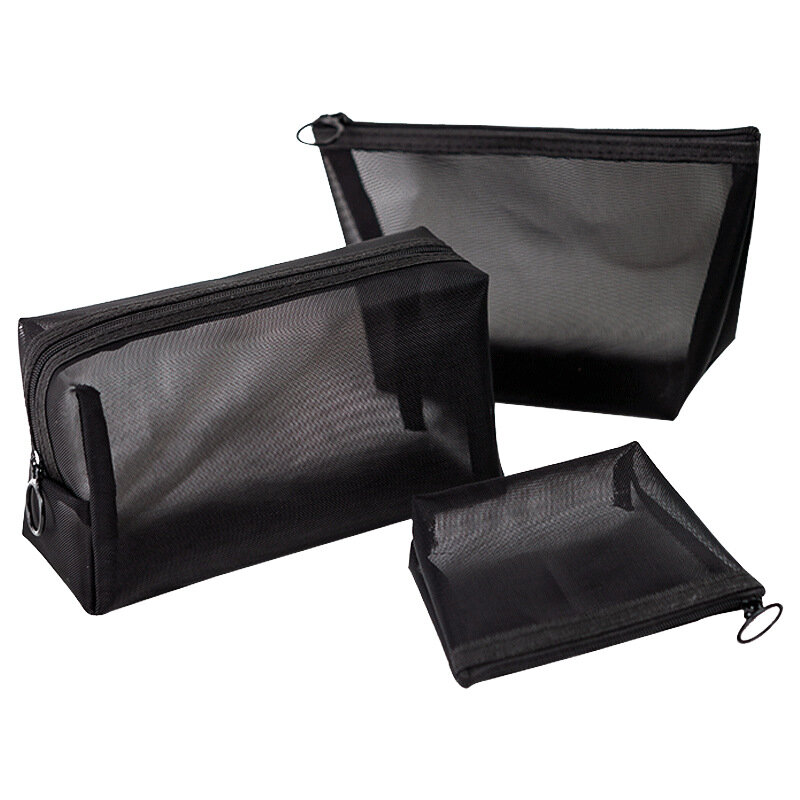 透明メッシュの化粧品バッグ,大きな透明な黒のメイクアップバッグ,正方形のポケット,旅行用のバスオーガナイザー,収納付き