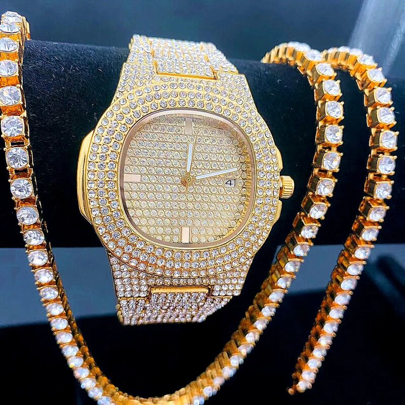 3 sztuk naszyjniki zegarki bransoletki Hip Hop Prong 5mm tenis łańcuch kubańska wypasiony Rhinestone CZ Bling dla mężczyzn zestaw biżuterii damskiej