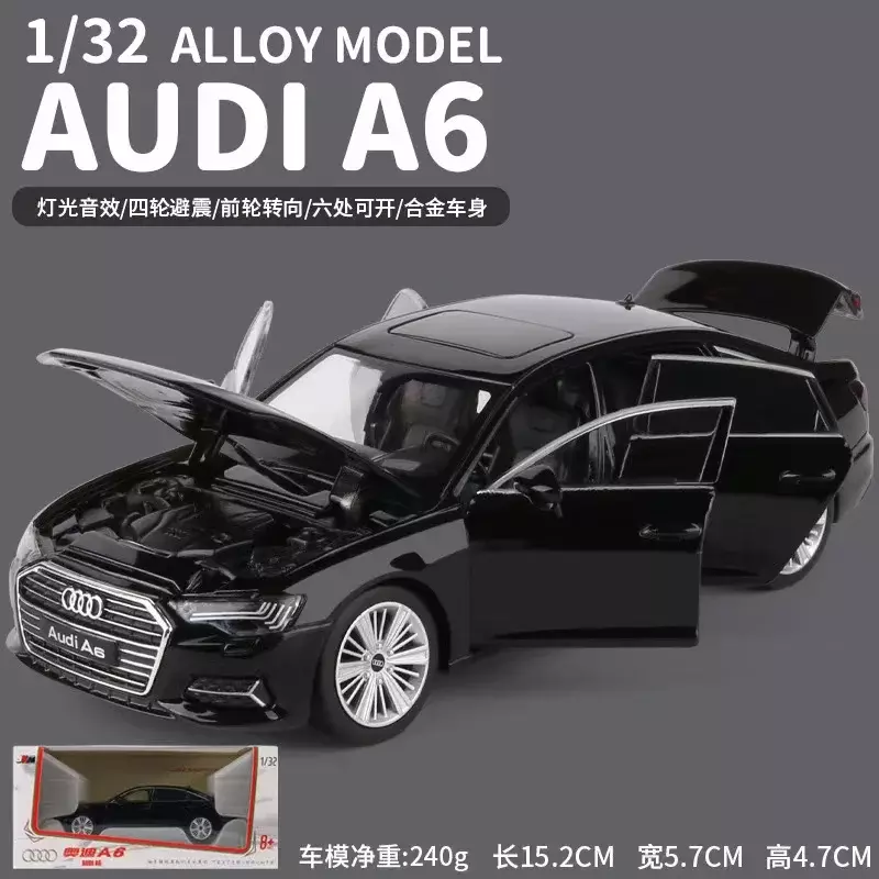 Modelo de coche de aleación AUDI A6L, 6 puertas abiertas con luz de sonido, modelos a escala, juguetes para niños, regalos, 1/18