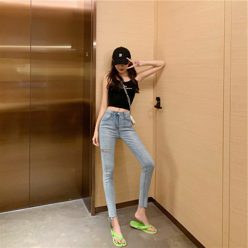 Solid Color High Waist Skinny Pencil Denim Pants Korean Fashion Streetwear Slim Stretch Jeans Woman New Ankle-length  V3