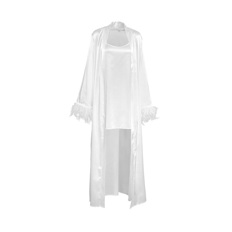 2024 jesienna seksowna koszula nocna z szelkami w kolorze Ding dwuczęściowy zestaw piżama z długim rękawem z piór dla kobiet odzież domowa