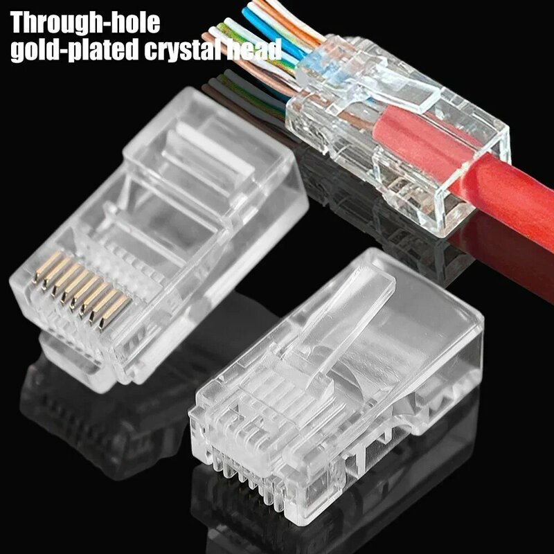 1-50Pcs RJ45 CAT6 CAT5e Pass Through Connectors Crystal End Gold-Plated 8P8C Crimp UTP Standard Ethernet Network Modular Plug
