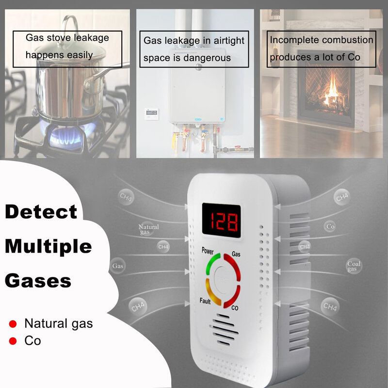 2 in1 detektor gazu ziemnego i wykrywacz CO tlenek węgla, Monitor detektor wycieku gazu palnego dla Co, Lng, Lpg, metan