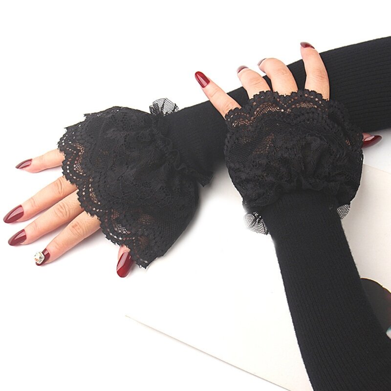 Women Double Layer Ruffles Lace Patchwork Arm Warmers Knitted Fingerless Gloves