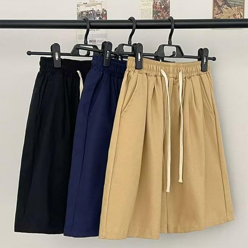 Men Casual Shorts Men's Summer Casual Shorts with Elastic Drawstring Waist Pockets Wide Leg Design Mid-rise Knee-length for A