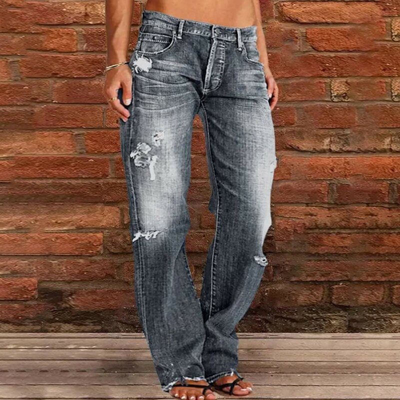 Calça jeans vintage rasgada feminina, calça jeans reta de perna larga, cintura média, longo azul Capris, verão, 2024