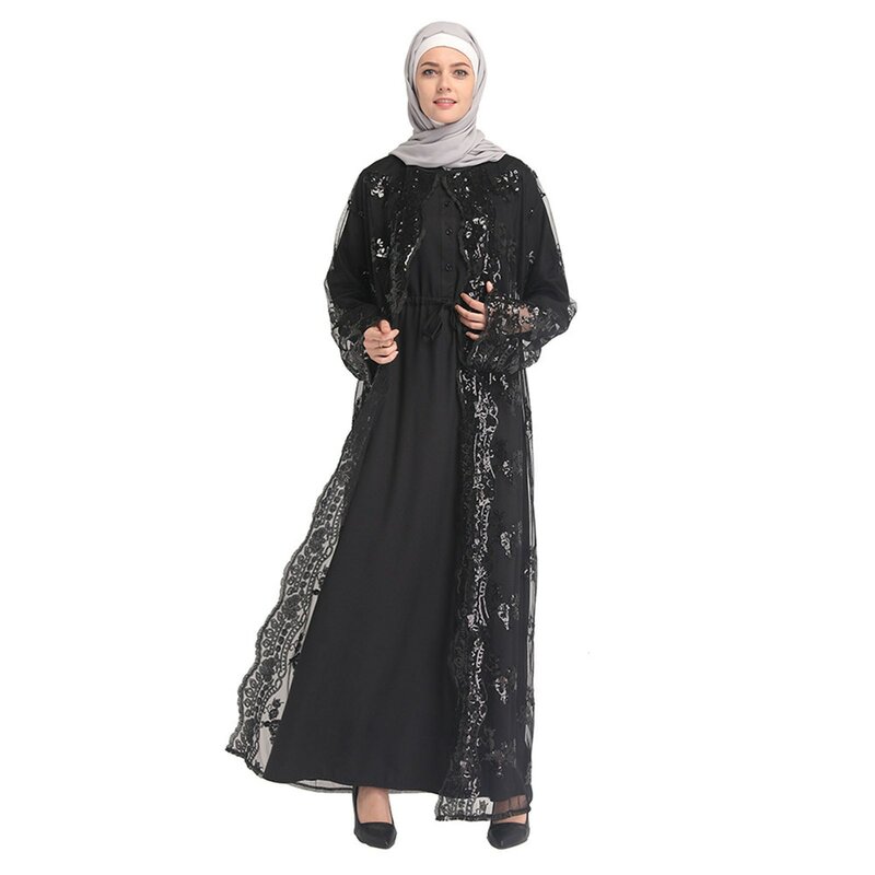 Cárdigan musulmán de lentejuelas ahuecado para mujer, ropa islámica suelta, cárdigan de Ramadán Eid Abaya, traje árabe islámico, cárdigan caftán