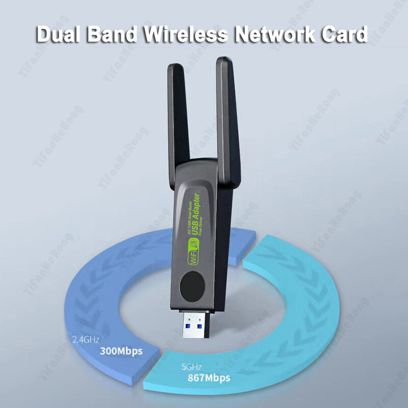 Adaptador WiFi de banda dupla para Windows, Dongle de rede sem fio, driver livre, USB 3.0, 1300Mbps, 2.4GHz, 5GHz
