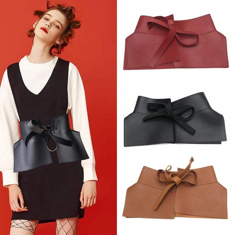 Retro Bow Tie Wide Waistband Women Pu Leather Solid Belt Comfortable Bands Personalized Adjustable M1v2
