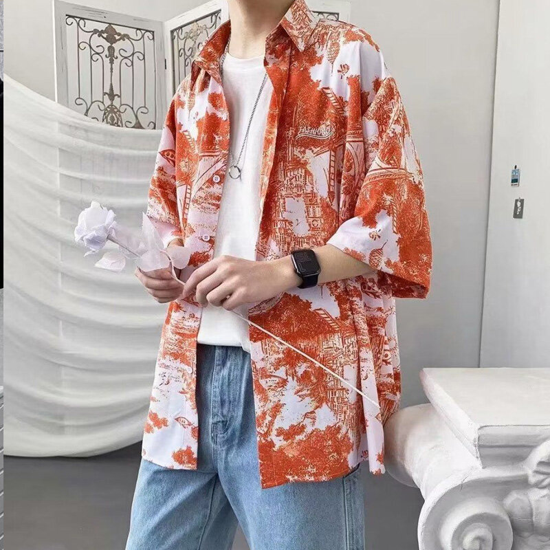 Cardigã de manga curta masculino, camisa com gola virada para baixo, moda de rua alta, casual com tops soltos, estampa Y2K, estilo coreano, verão