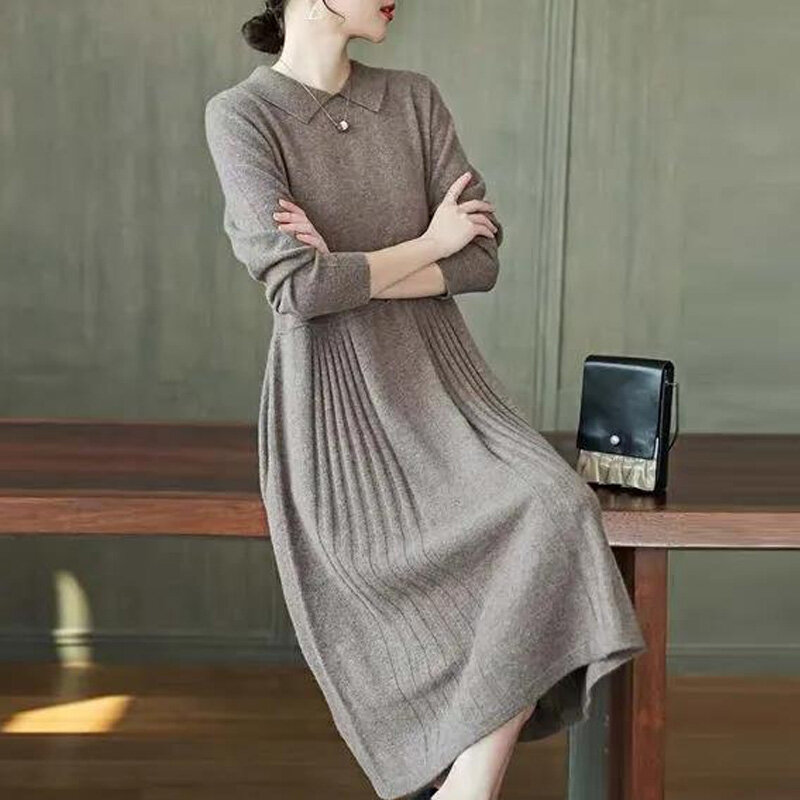 Pure Cotton Elasticity Popularity Turn-down Collar Slim Office Lady Dresses Solid Color Elegant Autumn Winter Women's Clothing