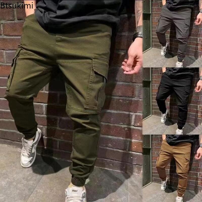 2024 Men's Casual Cargo Pants Drawstring Multi-pocket Design Long Trousers All Match Loose Pure Cotton Long Pants for Men Pants