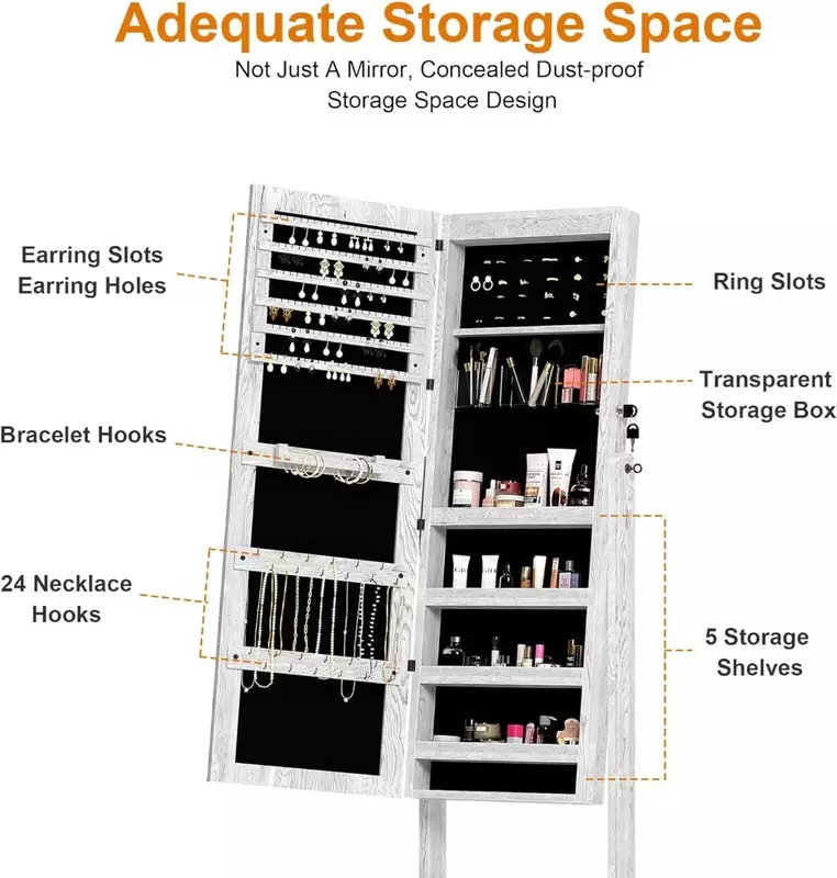 Mirror Jewelry Cabinet Standing, Full Length Mirror with Storage, Wooden Jewelry Boxes & Organizers, Standing Jewelry Makeup