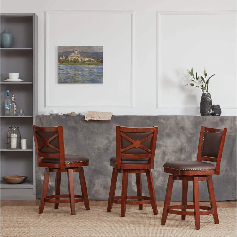 Cherry Brown Swivel Armless Wood Stool 23-28" Counter Height - 23-28 in. Traditional, Mid-Century Modern